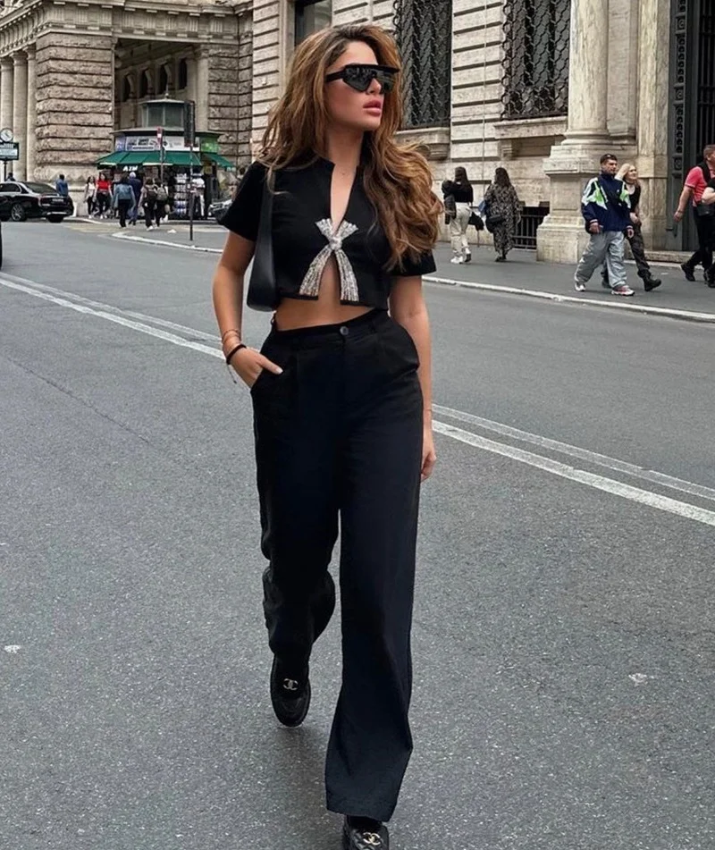 Женская одежда OSEN Y2k Midriff с разрезом женская футболка V-образным вырезом