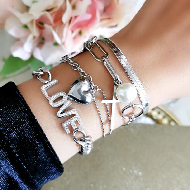 

KIOOZOL Simple Stainless Steel Silver Color Bracelet Heart Pendant For Men Fashion Metal Bracelet jewelry 2022 088 KO1