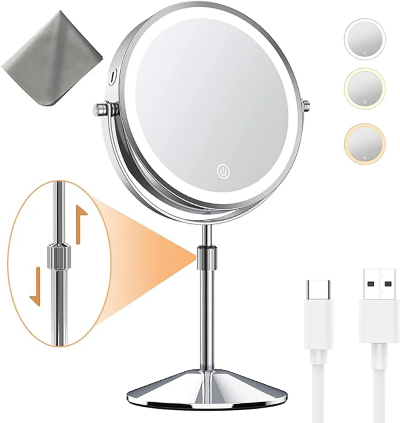 

8" Lighted Makeup Mirror Rechargeable Double Sided Magnifying Vanity Mirror 360° Rotation 3 Colors Adjustable Light up Mirror