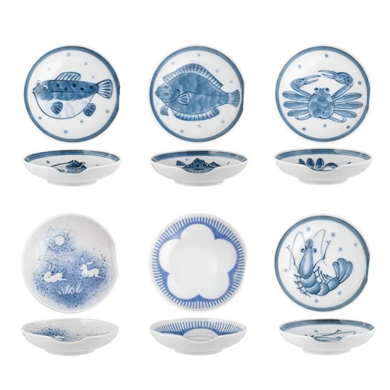 

Dishes Set Japanese 3.5 Inch Dish Colored-painted Animal Pattern Underglaze Color CeramicSauce Dish Sushi Plate Set Gift Box