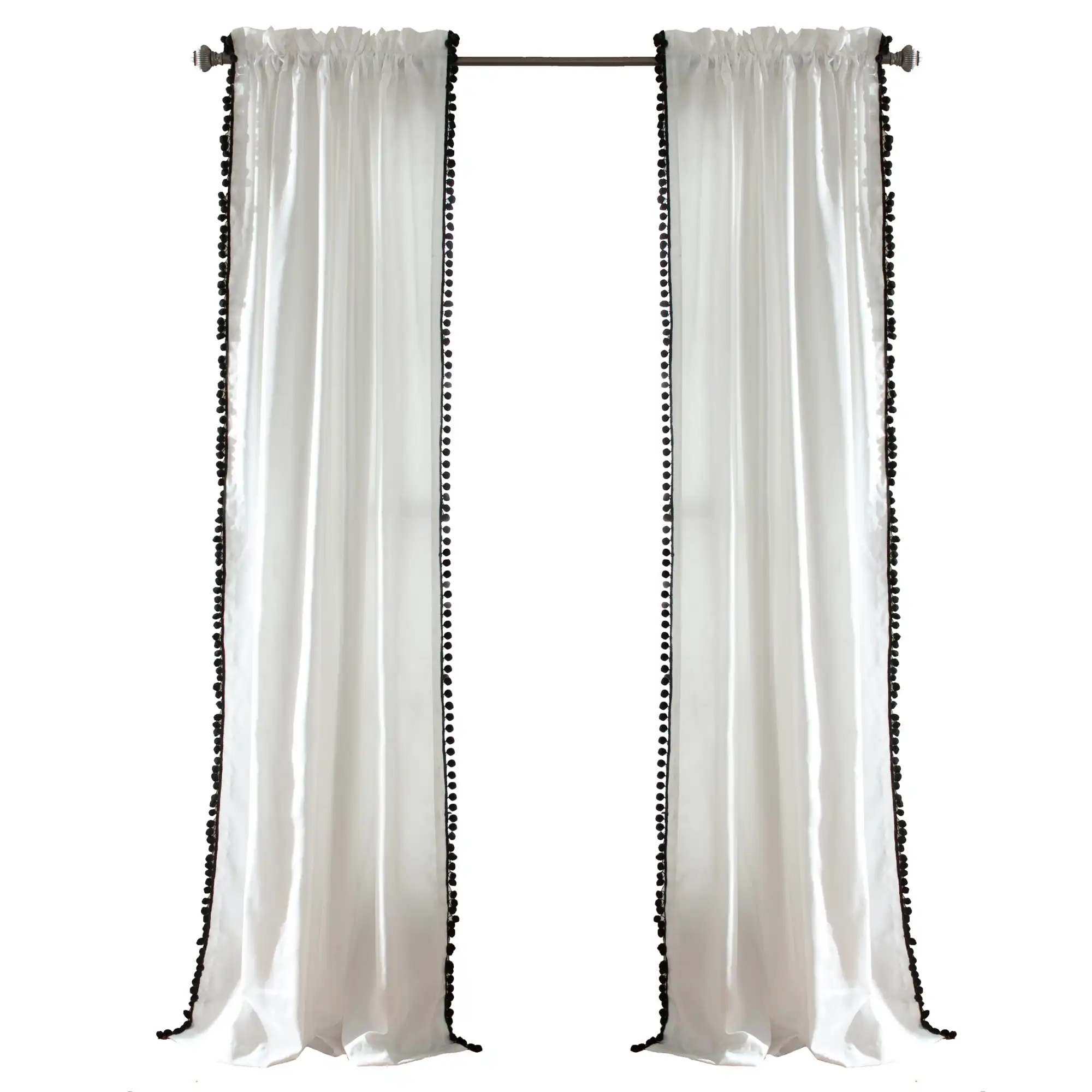

108" X 50" + 2" Header Pom Pom Black 3" Rod Pocket Single Window Panel