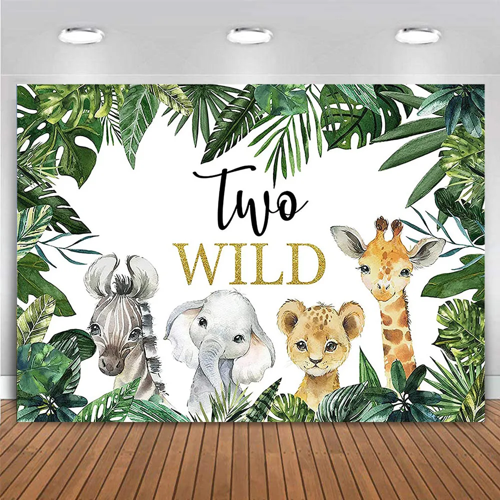 

Two Wild Backdrop Birthday Jungle Safari Animals Zoo Green Leaves Background Boy 2nd Second Bday Party Wall Poster Table Banner