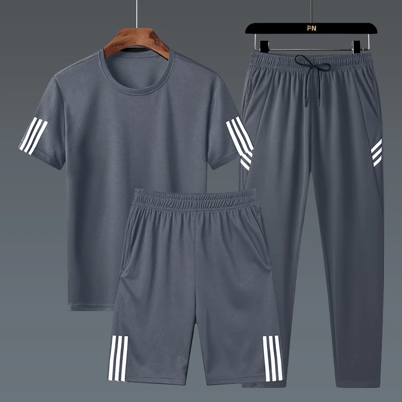 

Summer Plus Size Casual Sports Set Men's Youth T-shirt Pants Three Piece Fitness Running Outdoor Quick Drying Clothes