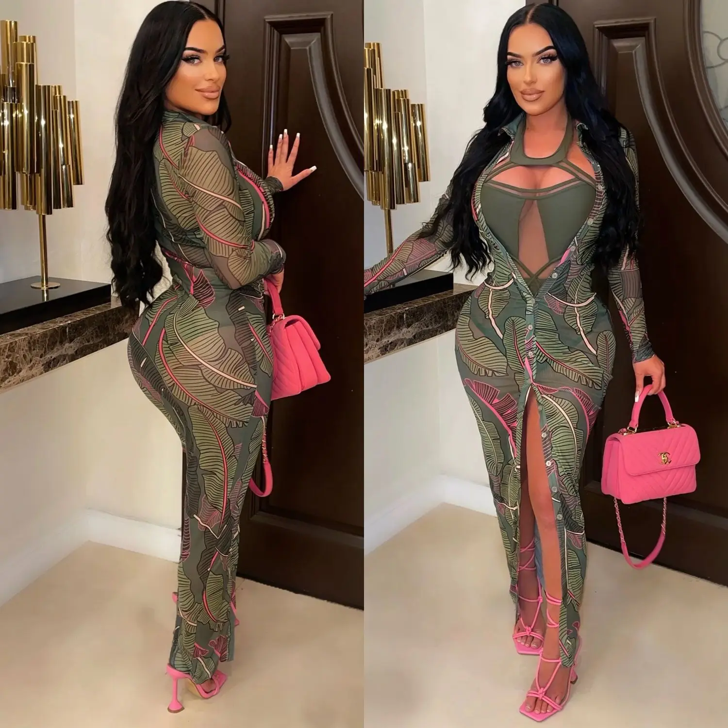 

Vintage Mesh Long Sleeve Dresses Women Slim Bodycon Korean Elegant Spring Summer Button V Neck Beach Wear Maxi Woman Dress