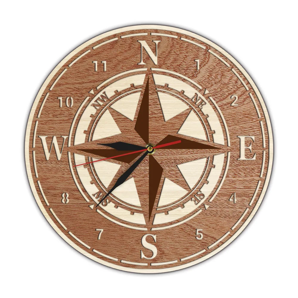 

Compass Wind Rose Dual Layers Wooden Wall Clock For Living Room Nautical Navigation Home Decor Clock Marine Direction Wall Watch