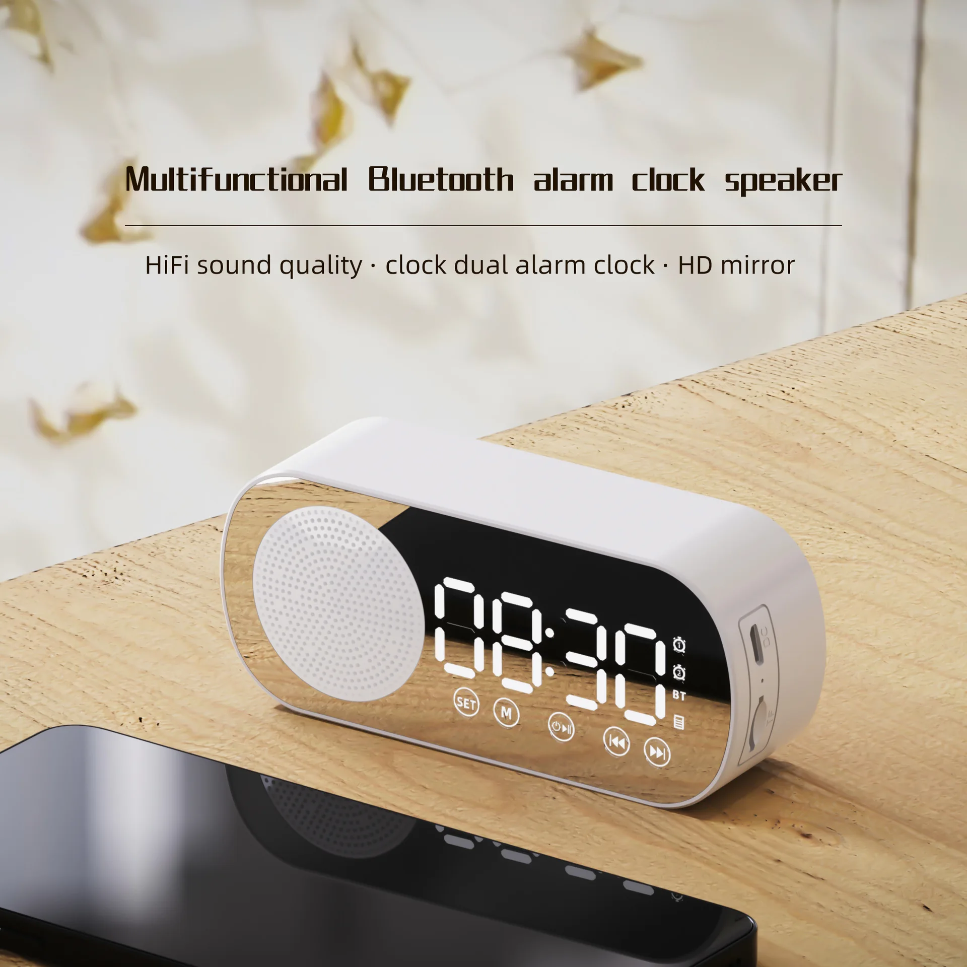 

2022 New Bluetooth 5.0 Speaker Hi-Fi Small Speakers Clock Alarm Mirror Support TF Card Expansion Protable Accessories