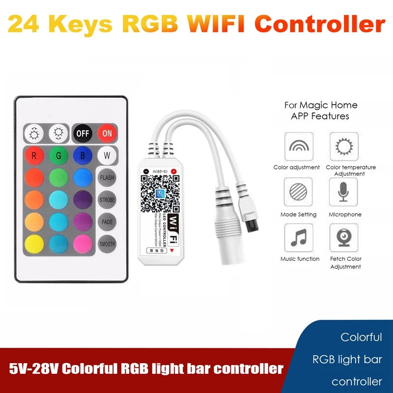 

Wifi Controller+24 Keys Remote Control DC 5-28V RGB IR RF LED Controller For WS2811 WS2812 LED Light Strip