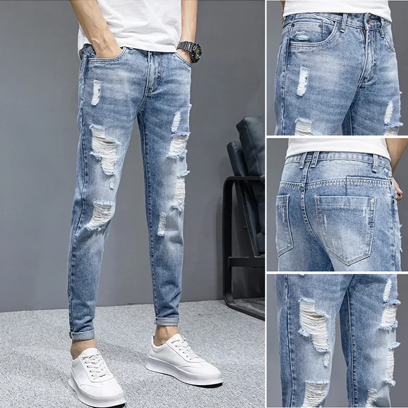 

Summer Thin 2022 Casual Hip Hop Distressed Ripped Denim Jeans Men's Small Feet Casual Beggar Brand New Long Pencil Pants