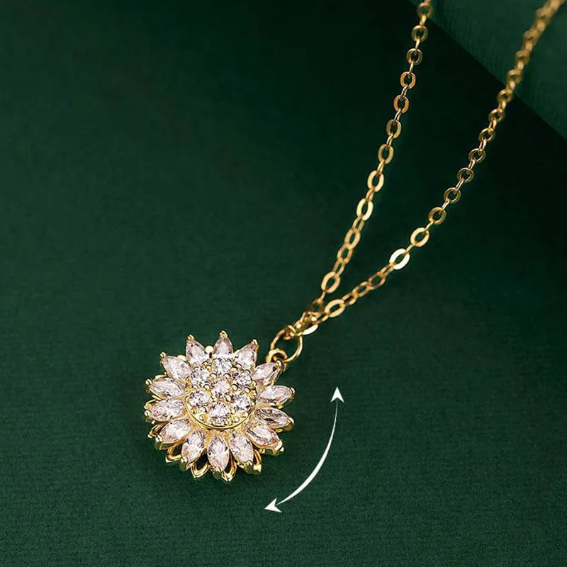 

Gold Color Rotating Sunflower Necklace for Women Titanium Steel Zircon Jewelry Gifts Luxury Choker Korea Flower Clavicle Chain