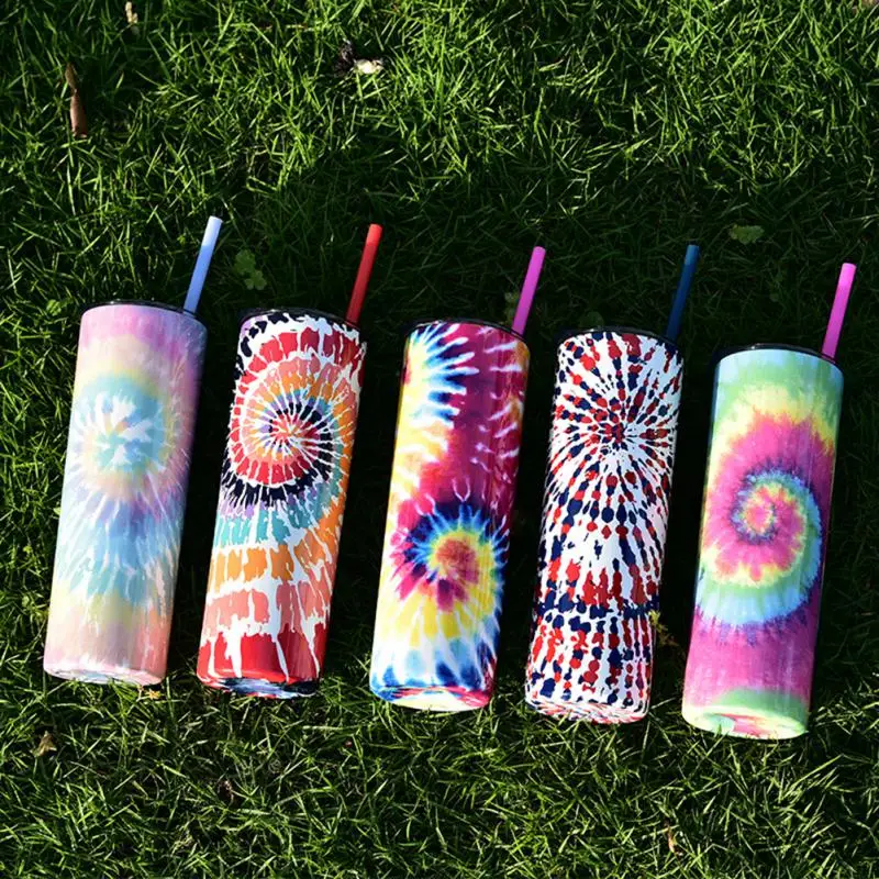 

650ml Tie-dye Insulation Water Cup Stainless Steel Straight Barrel Creative Straw Cup Double Layer Thermal Mugs Outdoor Portable