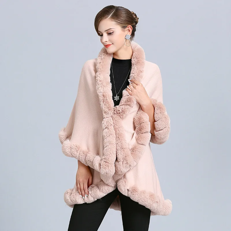 Women's faux fox fur collar, double-knit cardigan shawl cape