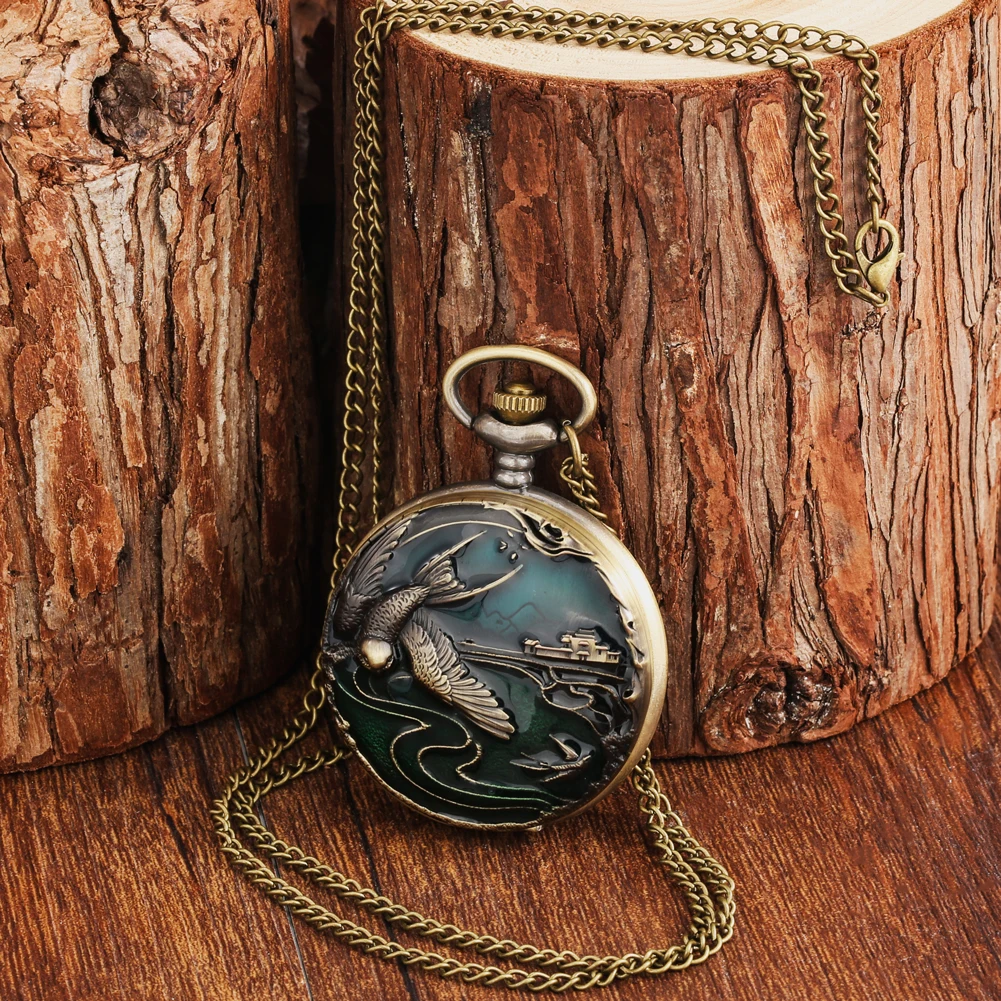 Quartz Pocket Watch Necklace Bronze 3D Engraving Crane/Elk/Elephant Animal Pendant Souvenir Sweater Chain Pocket Watch Men Women