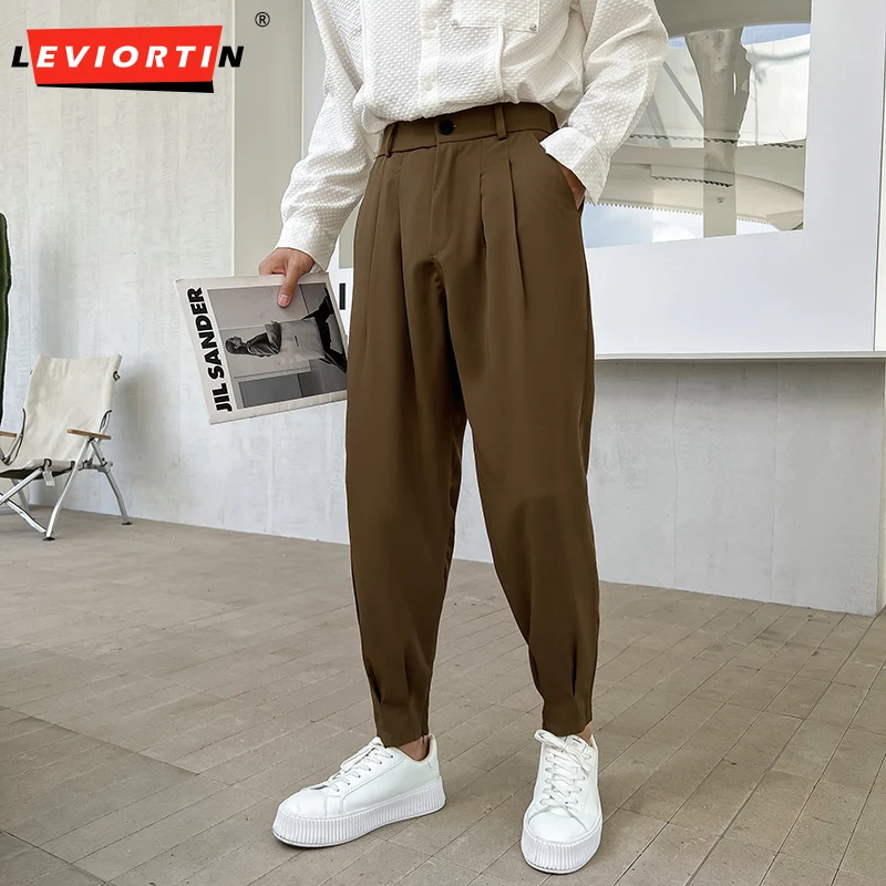 Брюки мужские конические из вискозы, модные Костюмные штаны с разрезом ...