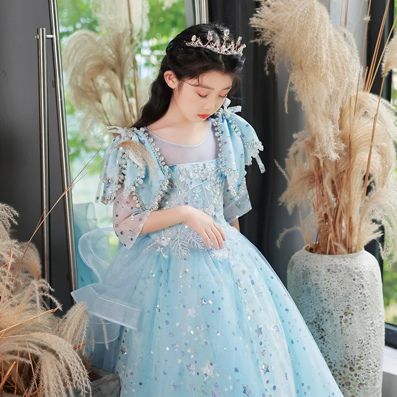 

Blue Poached Yarn Sequins Princess Dress Girl Hosts High End Dress Summer Girl Children's Walk Show Piano Performance Dress