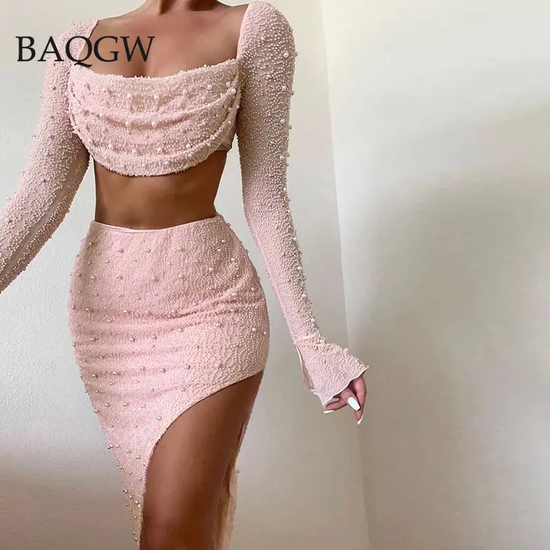 

Pearl Patchwork Long Sleeve Sexy Women Two Piece Skirt Sets Autumn Winter Party Club Elegant Casual Fashion Women's Sets Outfits