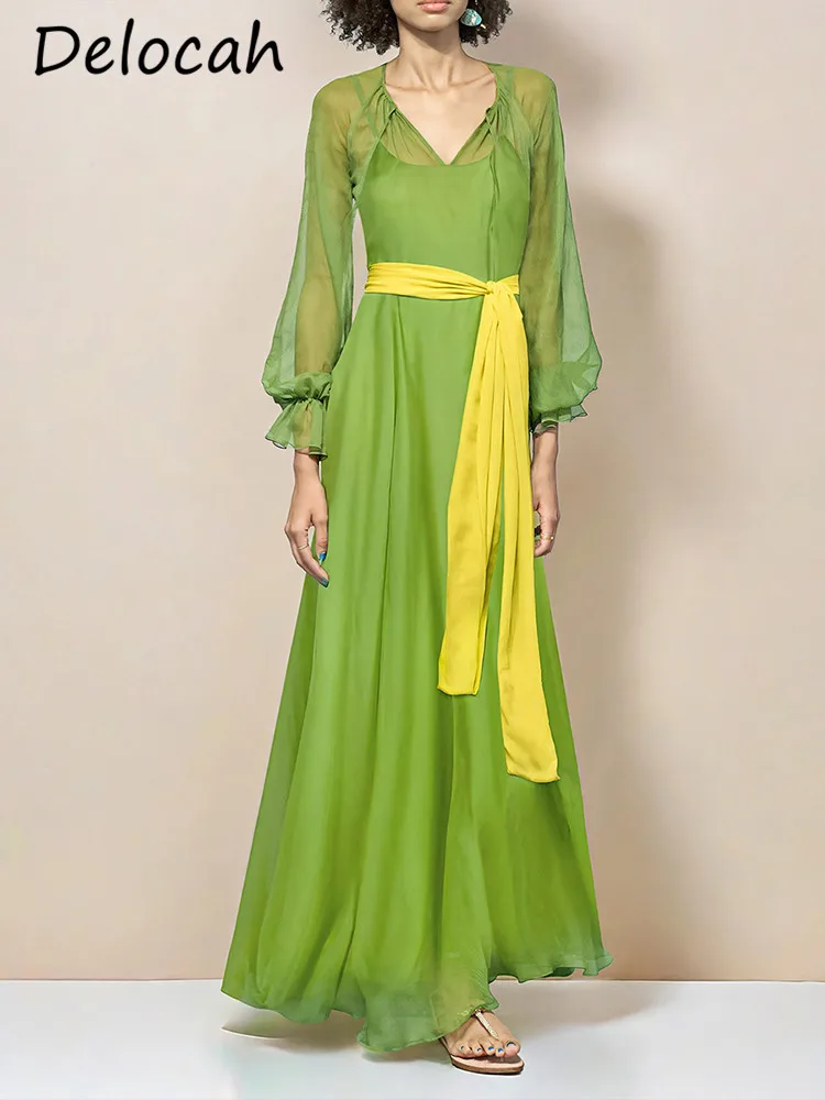 Французское элегантное зеленое платье Delocah с имитацией двух сказочных