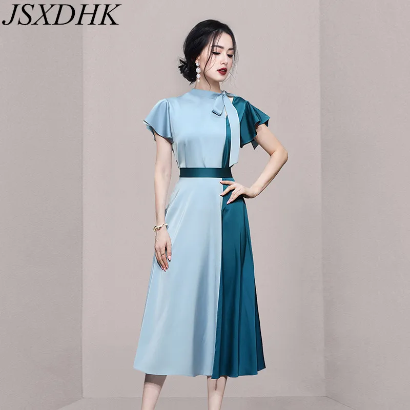 

JSXDHK Fashion Summer Office OL Two Piece Set Women Hit Color Satin Bow Lace Up Hollow Out Tops + High Waist Long Skirt Suits