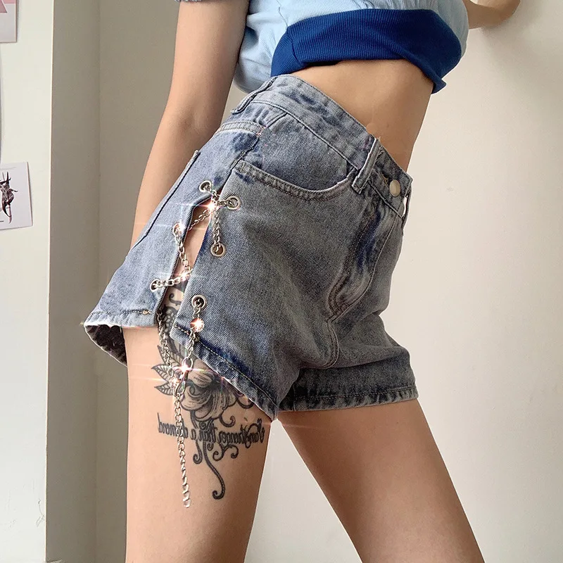 Y2k Denim Shorts with Chain Summer Women Solid Colors Sexy High Waist Straight Shorts Slim Split Buckle Wear Streetwear Harajuku