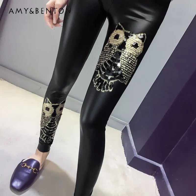 Autumn and Winter New Casual Oversize Slim Slimming Sequined Wings Leather Pants for Women Casual Pu Skinny Pants for Ladies
