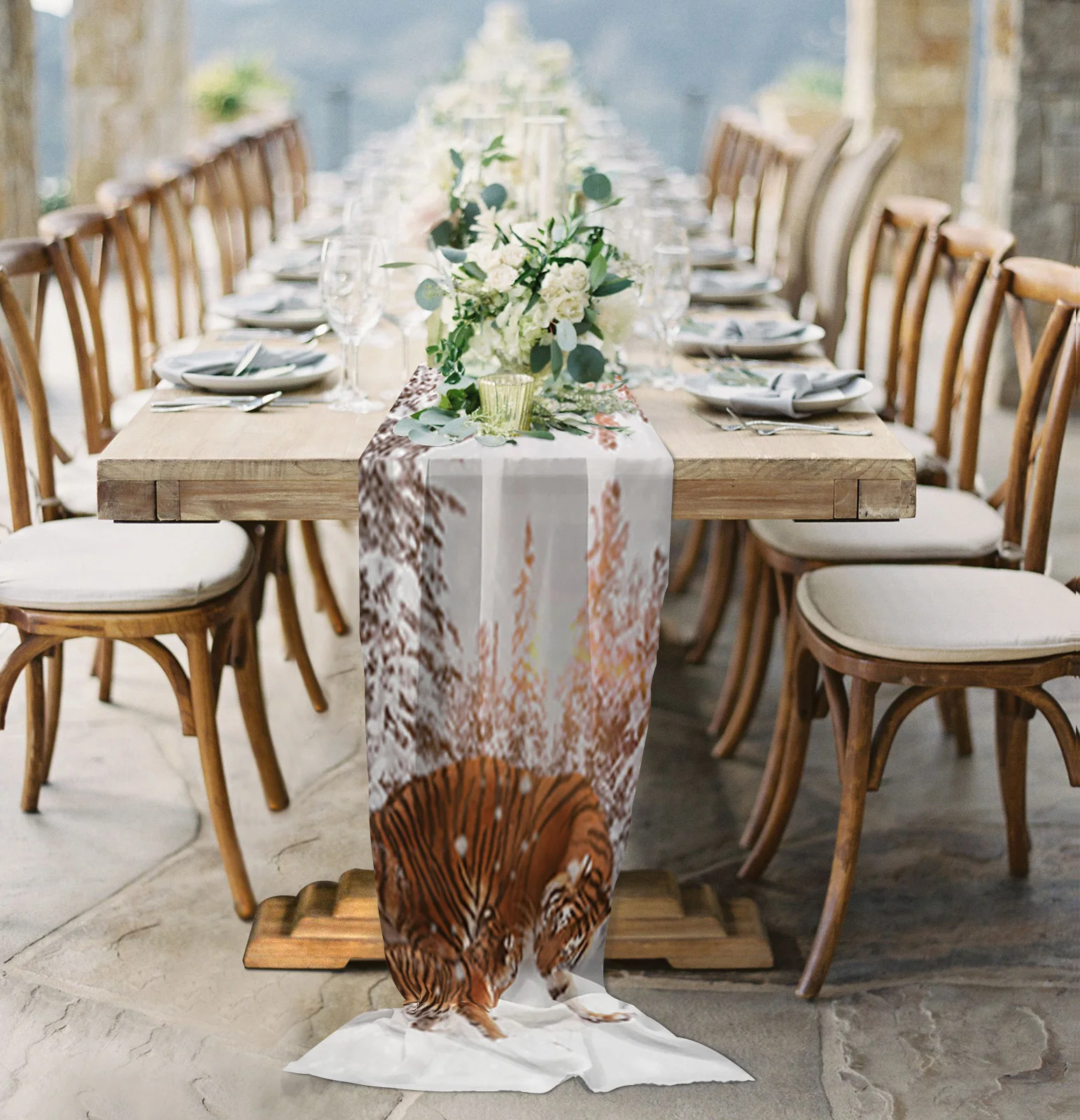 

Snow Forest Tiger Sheer Chiffon Table Runner Country Wedding Party Birthday Luxury Tulle Voile Tablecloth Home Decoration