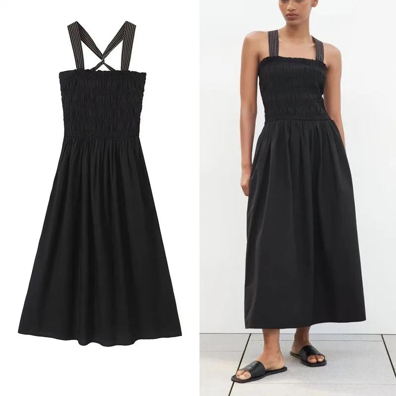 

TRAF Woman Topstitched Midi Dress Black Sexy Straight Neck Straps Cross Dresss Loose Elastic Waist Beach Women Vestido