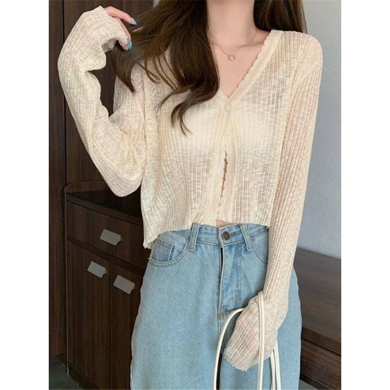 

Cardigan Women V-neck Solid Single Button Slim Knitted Thin Tops Female Korean Style Simple Trendy Long Sleeve Sun Protection