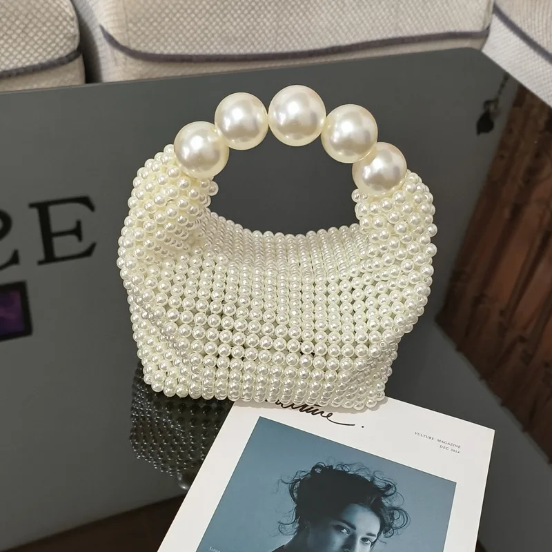 Handmade Pearls Bag Luxury Beaded Women Handbag Big Pearl Handle Evening Bags for Women Hollow Woven Beading Bag Pillow Clutch