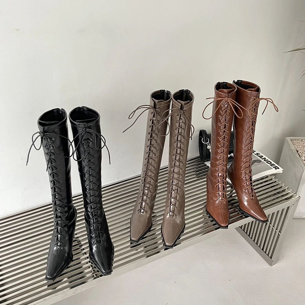 

Small Square Toe Women Knee High Boots Cross Tied Lace Up Winter Long Booties Black Brown Khaki Side Zipper Thin High Heels 39