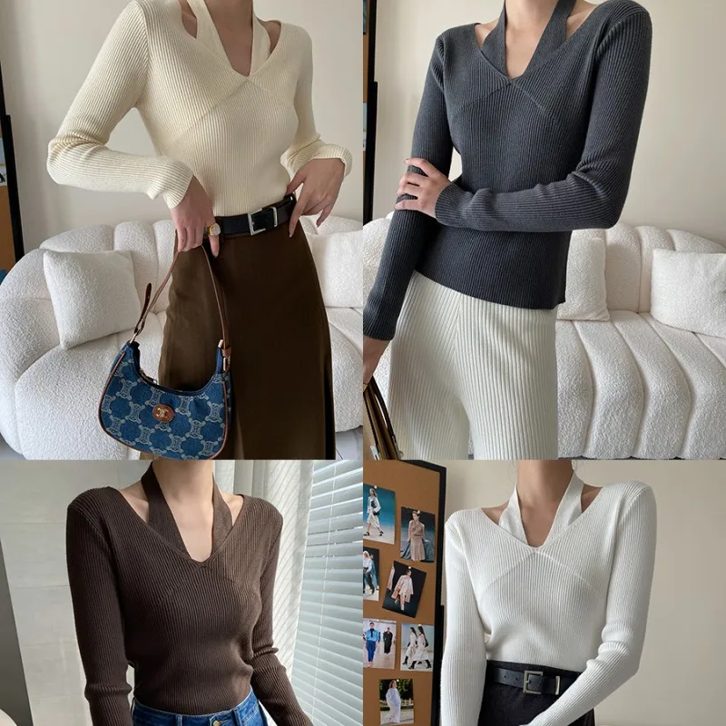 

Sweaters for Women Fashion 2022 Winter Splicing Temperament Commuting Tops Long Sleevee Halter Slim Sweaters Streetwear Women