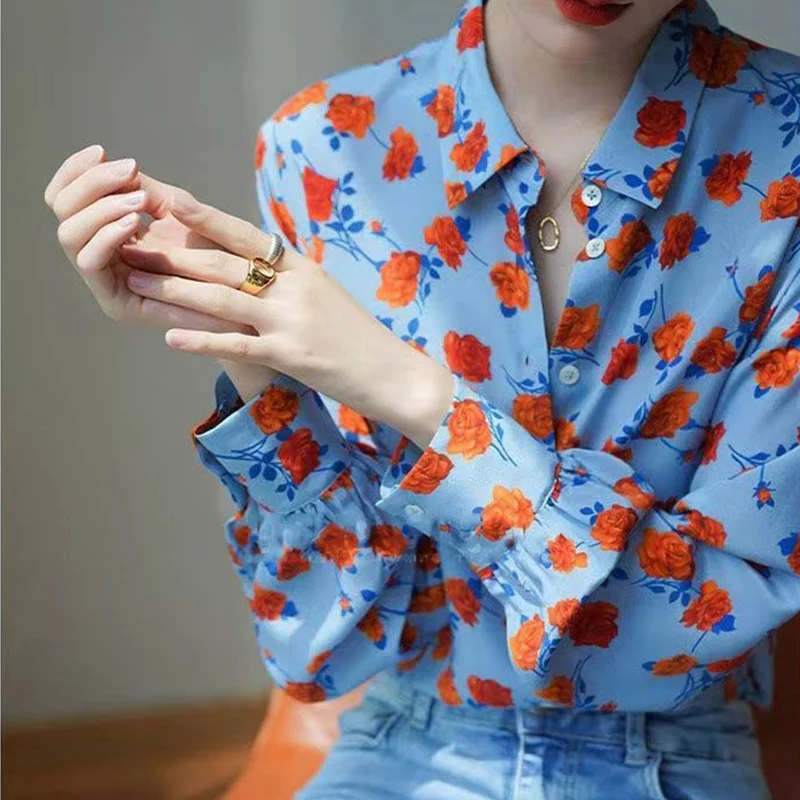 Autumn Office Lady Printing Chiffon Turn-down Collar Long Sleeve Blouse Women Clothes Fashion Floral Loose Buttons Shirts Tops