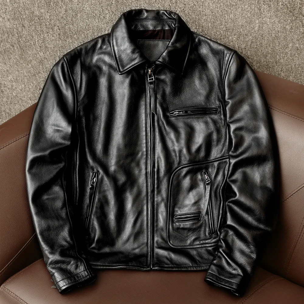 cowhide style.warm men Free Shipping.new jacket.quality biker leather coat.fashion slim leather clothes.black