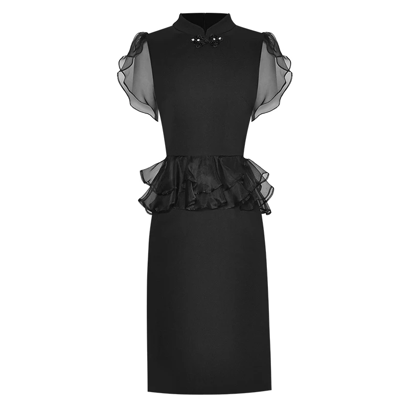 

Summer Pencil Dress Stand Collar Butterfly Sleeve Ruffles Beading Button Vintage Party 2023 Runway Luxury Brand High Quality