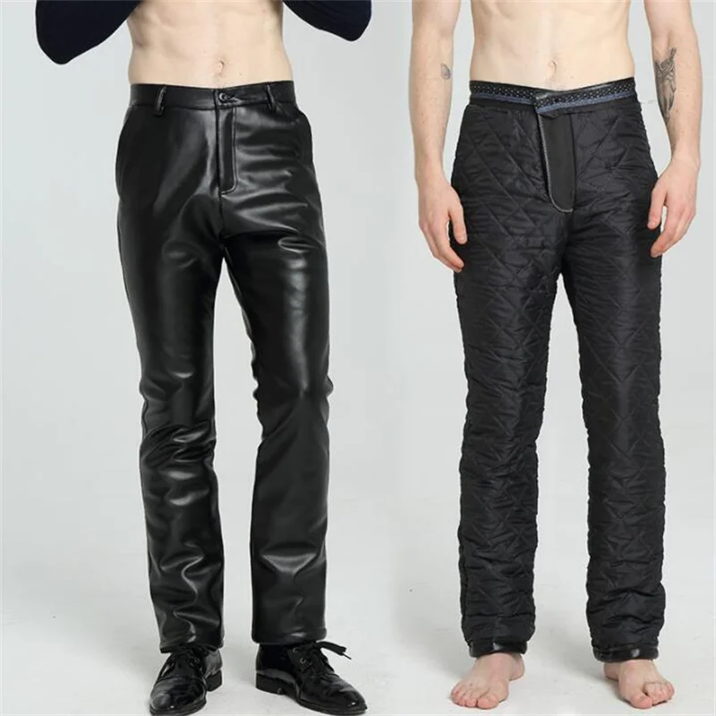 Loose faux leather pants mens feet pants warm black fashion motorcycle pu trousers for men  velvet thick pantalon homme