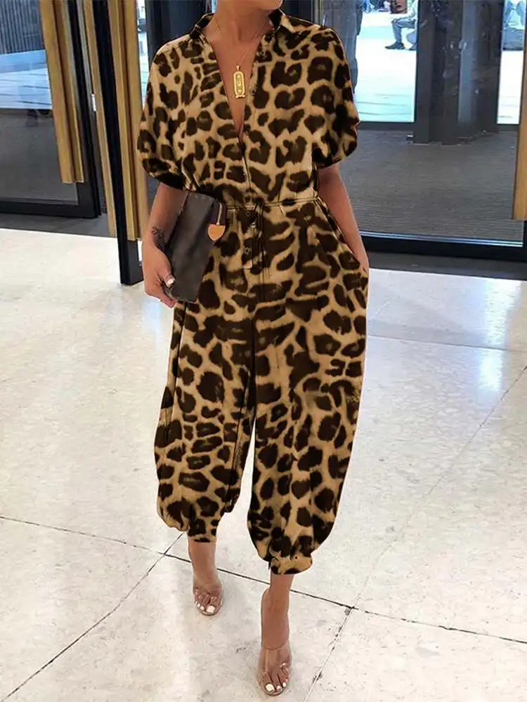 

Celmia Leopard Print Jumpsuits Women 2023 Fashion Short Sleeve Short Romper Casual Loose Buttons Streetwear Harem Pants Overalls