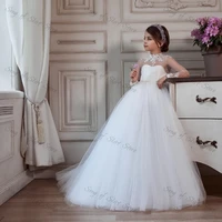 elegant white puffy flower girl dress for weddings high neck lace sequined long sleeve tulle ball gown kid birthday dress