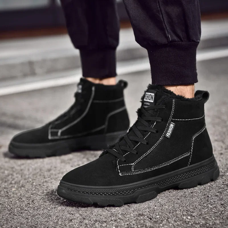 

Shoes for Men 2023 Fashion Lace Up Men's Boots Winter Round Toe Solid Flock Plush Warm Platform Water Proof Short Barrel Boots