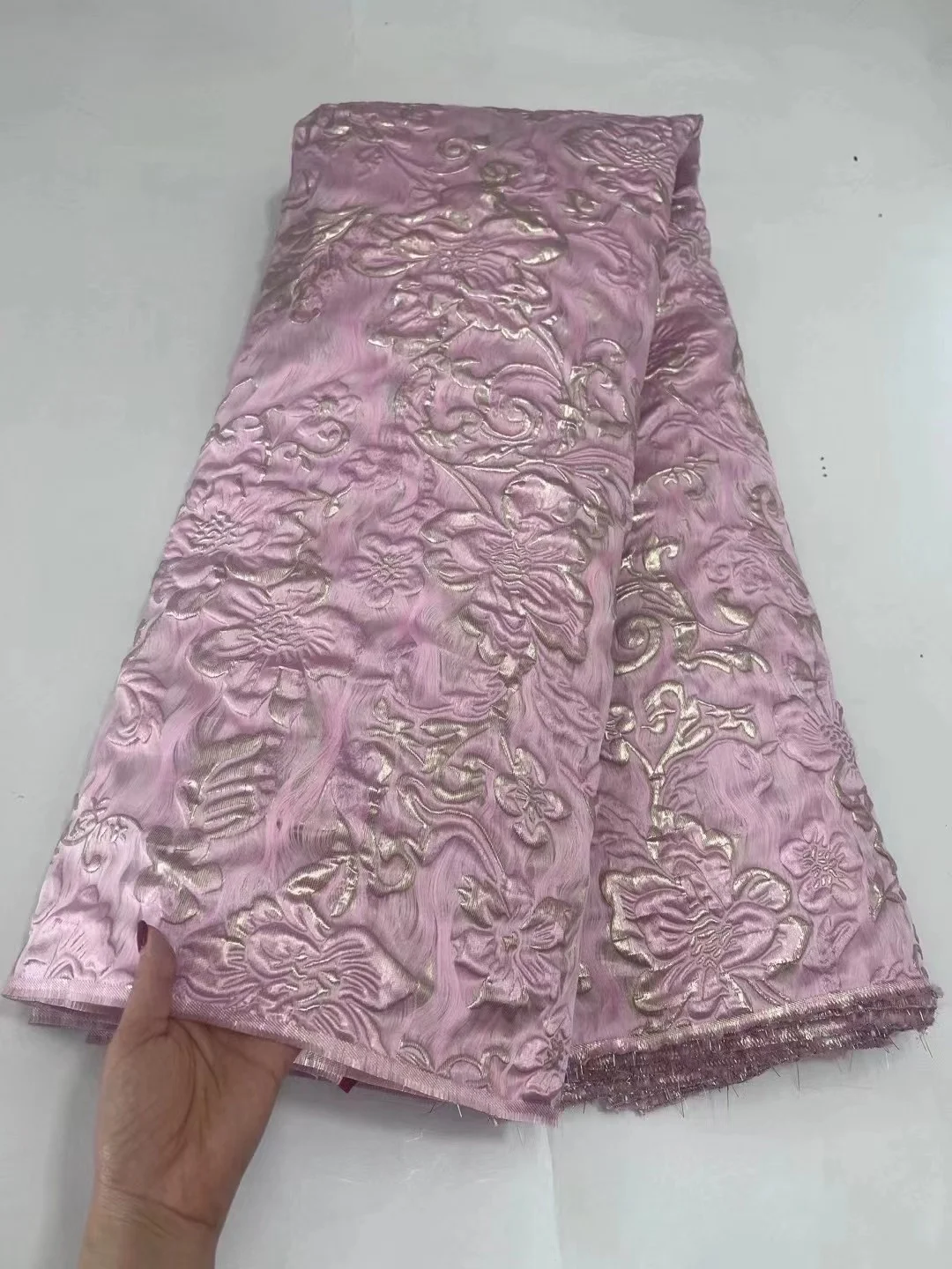 

2022 High Quality African Nigerian Tulle Lace Fabric Organza Embroidery Pink Party Gown Dress Brocade Jacquard French