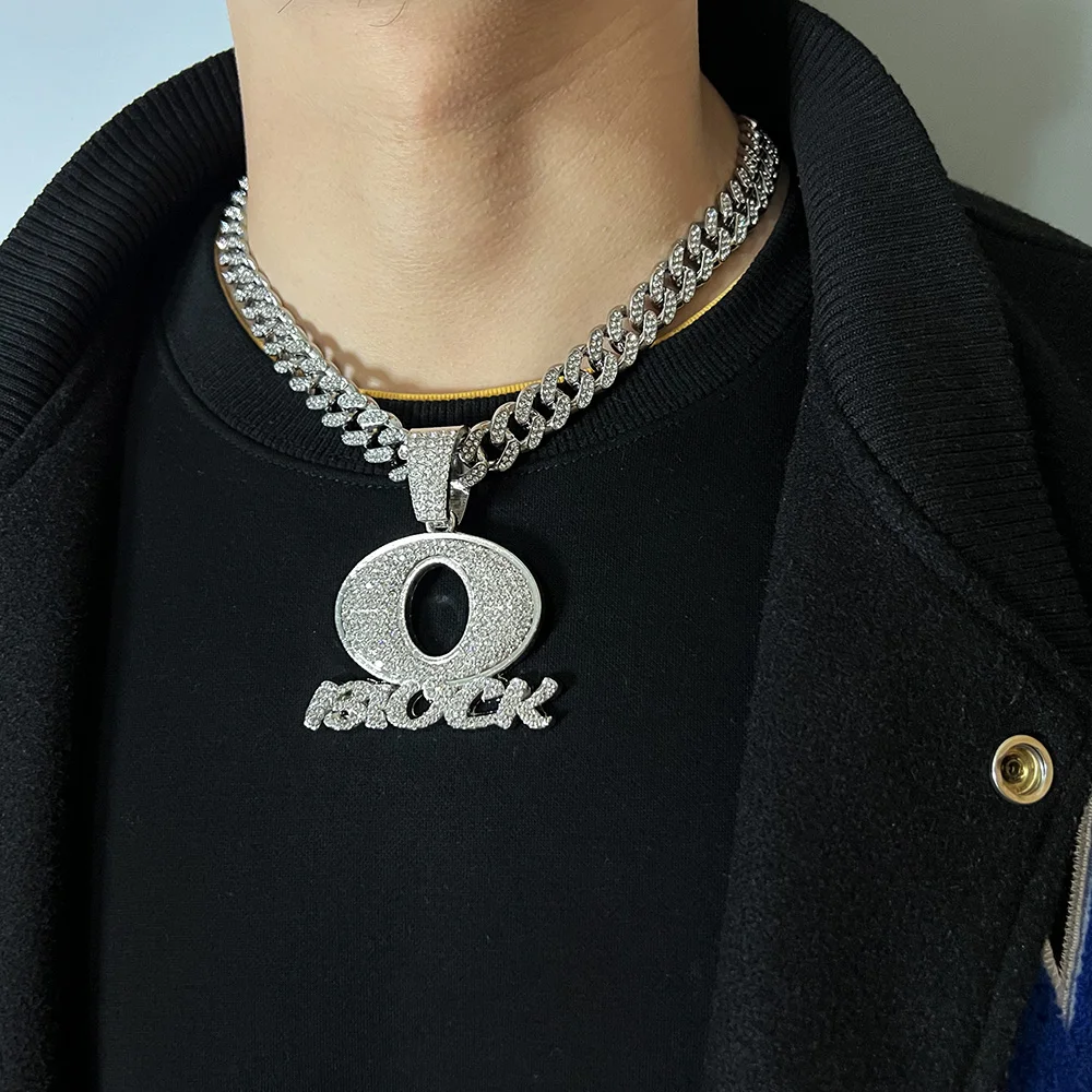 

ULJ Hip Hop Men Woman Block Pendant Necklace Iced Out Bling Crystal 12mm Cuban Link Chain Rock Shine Jewelry