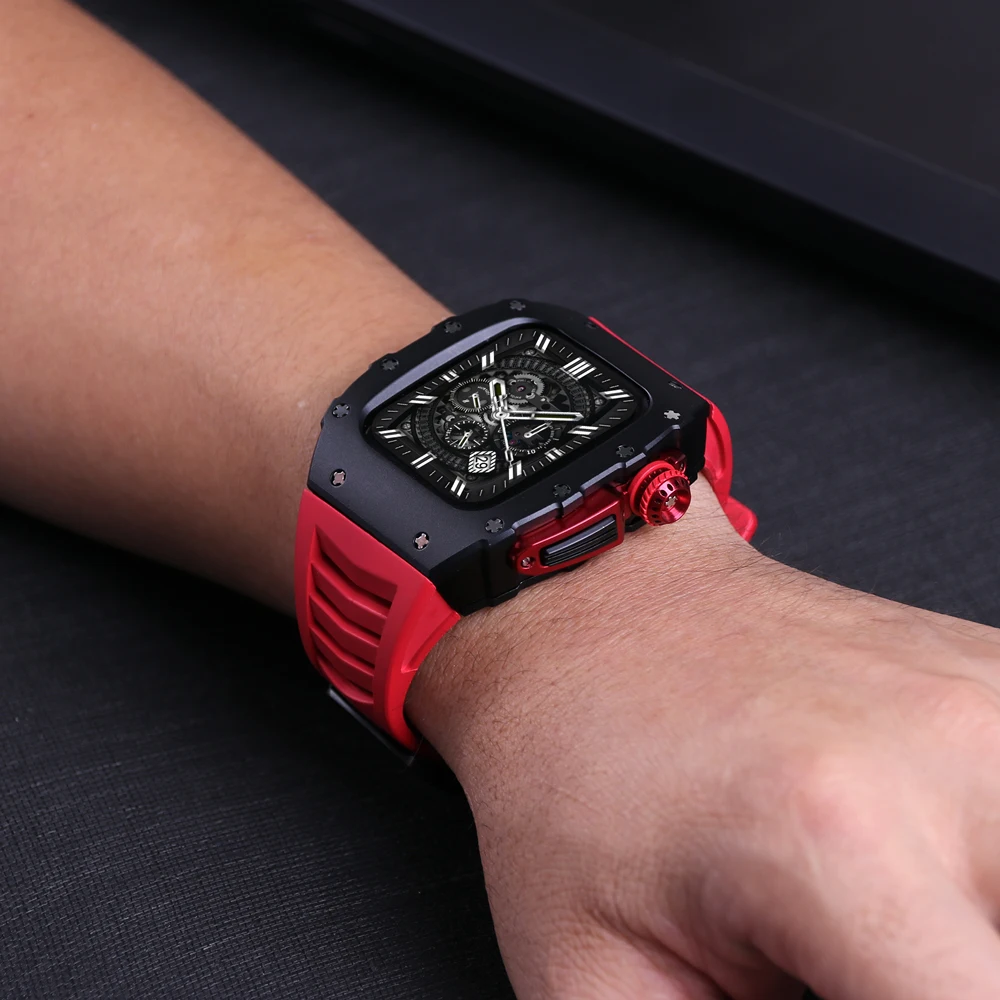 Luxury Metal Case Bracelet for Apple Watch 8 7 45mm Rubber Sports Band IWatch 6 5 4 SE 44MM Aluminum Alloy DIY Modification Kit