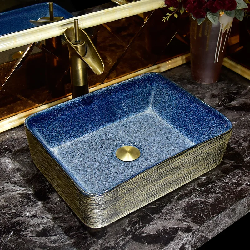 

45x34 cm Blue Bowl Art Ceramic Countertop Wash Basin European Bathroom Shampoo Sinks above counter Washbasin Portable Basins