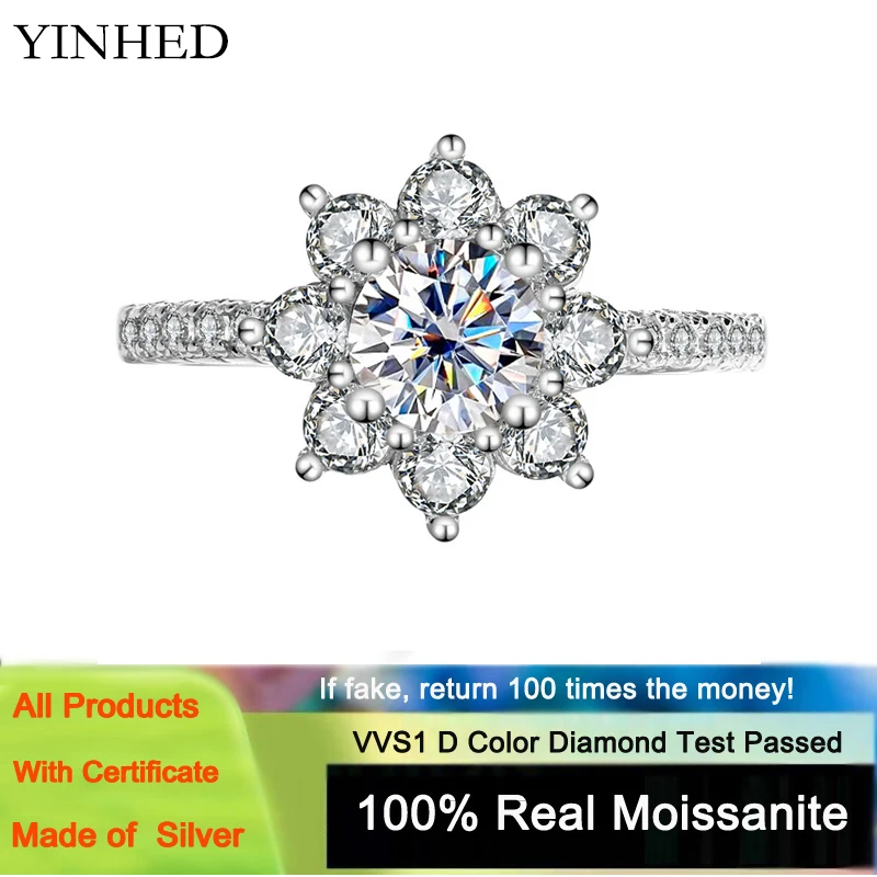 

YINHED Romantic Sunflower Engagement Ring 1ct/2ct Moissanite Real 925 Sterling Silver Wedding Band Fine Jewelry Gift GRA Card