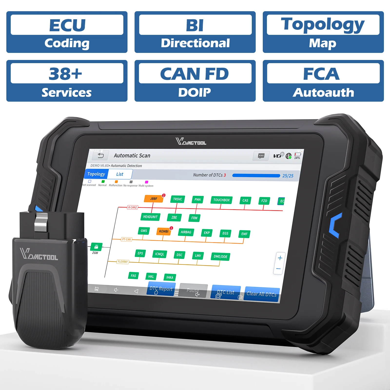

VDIAGTOOL VD80 BT Автомобильный сканер Автомобильные диагностические инструменты Топология Карта двунаправленного кодирования ECU Онлайн-кодирование CAN FD DOIP FCA