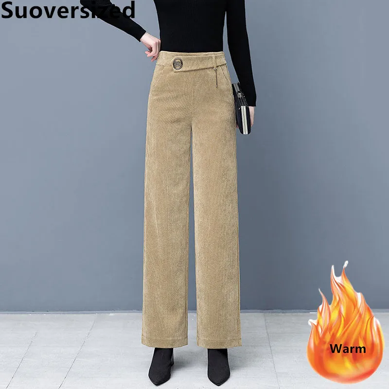 

Women's Plus Velvet Corduroy Wide-leg Pants Winter Thicken Warm High Waisted Pantalon Korean Casual Loose Streetwear Trousers