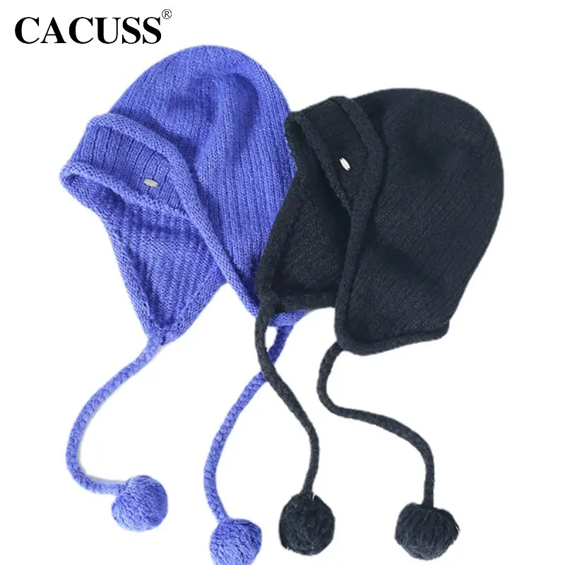 

Осенне-зимняя вязаная шапка CACUSS, женские мягкие наушники, теплая шерстяная шапка с милым шариком, шапки-бомберы для девочек, аксессуары