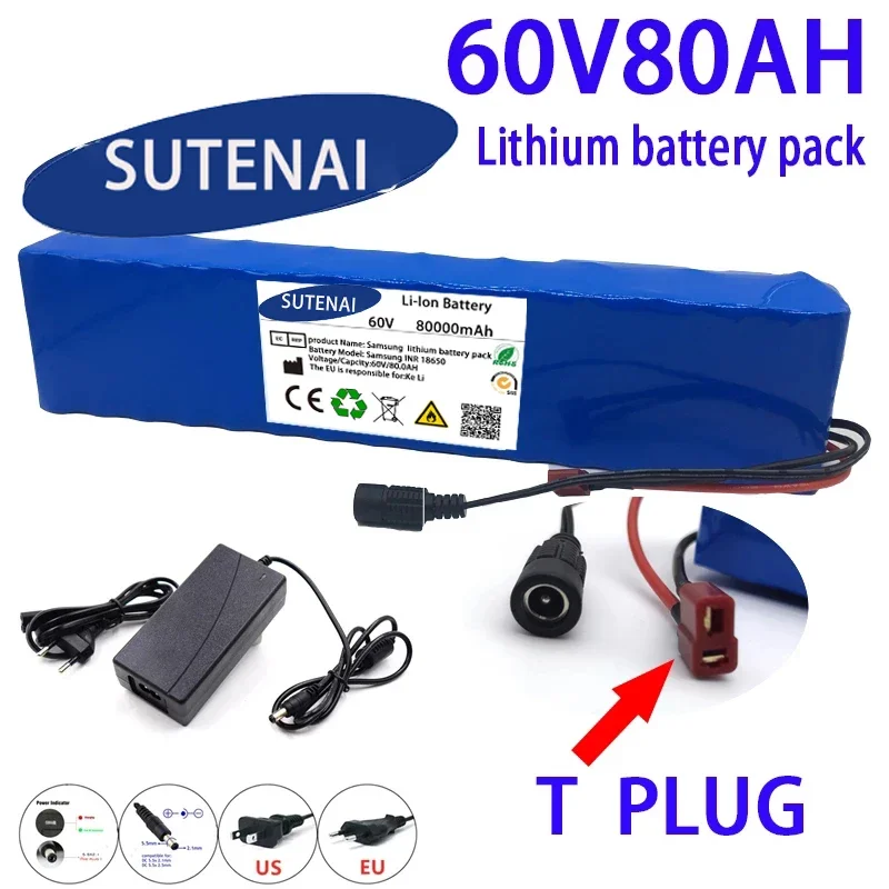 

Scooter 18650 Lithium Ion E-Bike Battery Pack New 60V 80000mAH Electric Bike 80Ah 16S2P With BMS + 67.2V Charger