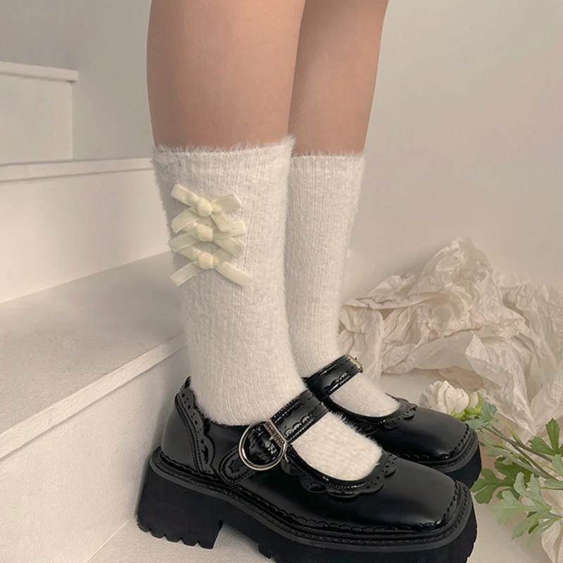 

Harajuku Kawaii Lolita Princess Bow Middle Tube Socks Woman Girls Lovely Furry Warm Socks Sweet Pile Socks Accessories