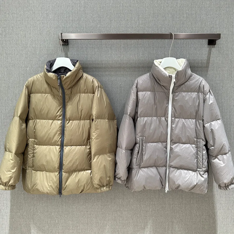 

Women Knitted Cashmere Splicing Down Coat Beading Chain Hooded Zipper Long Sleeve 2023 Winter Warm Female Fake Two Pieces Jacket