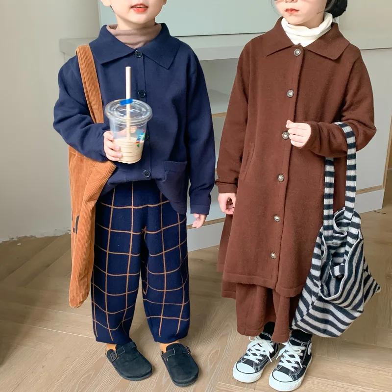 

Brother And Sister Winter Clothes Korean Children's Knitwear Kids Boy Cardigan+Pants Sets Baby Girl Knit Sweater+Skirt Outfits