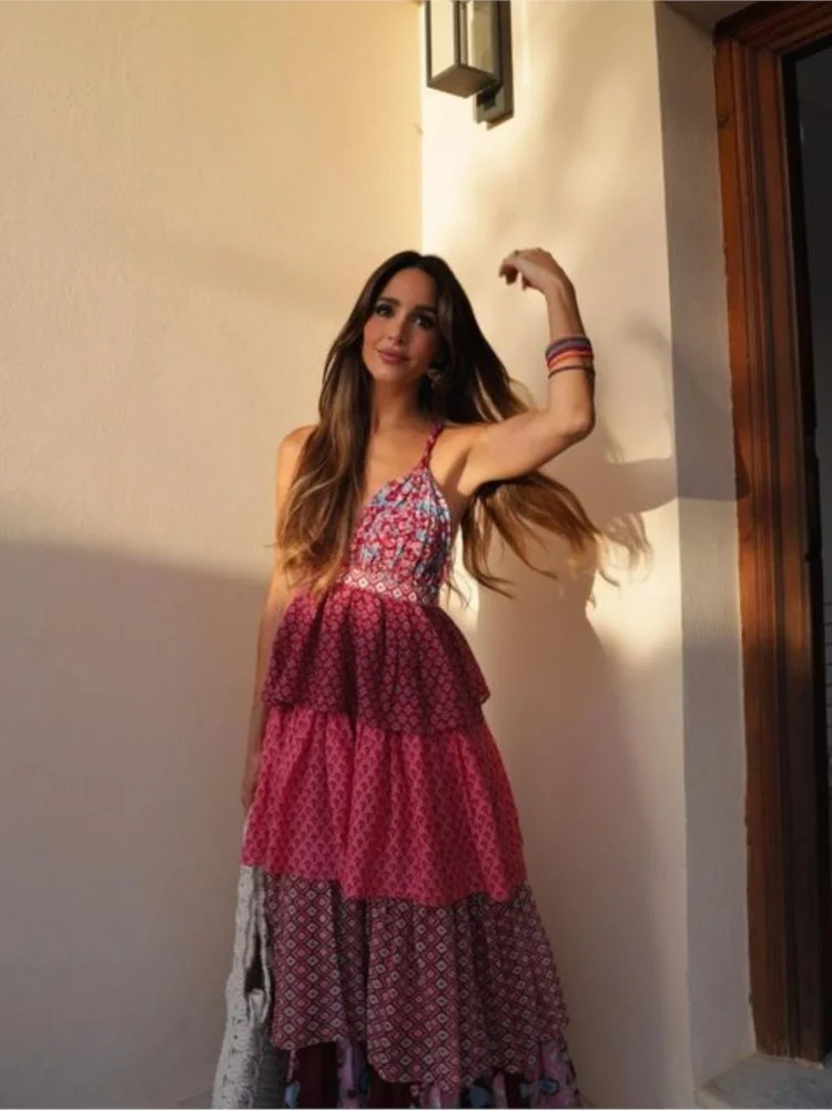 

Платье женское Плиссированное на бретельках, пикантное пляжное с винтажным принтом в стиле пэчворк, с открытыми плечами, без рукавов, с V-образным вырезом, лето