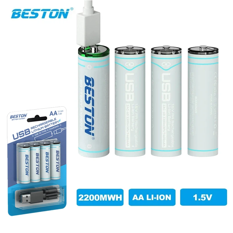 

Beston 4PCS AA 2200mWh Li-ion Lithium Rechargeable Battery USB-C Direct Charge 1.5V Polymer Batteries Fast Charging